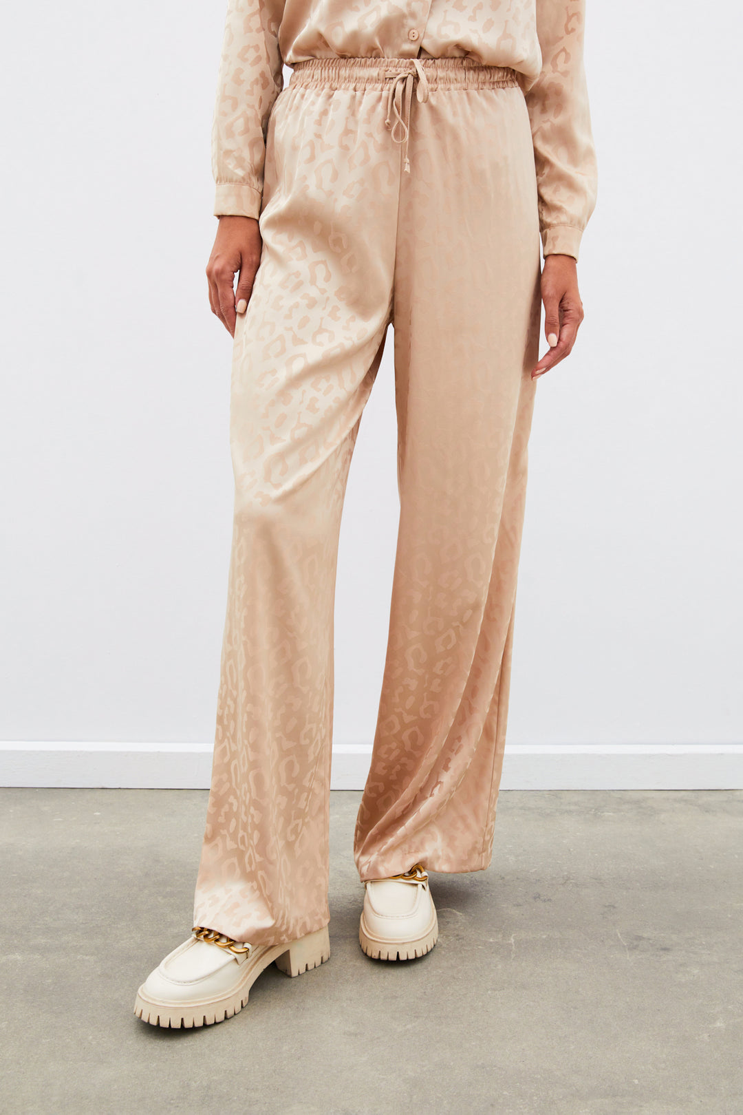 Sateen Pantalon à Motifs avec Taille Élastique - camel