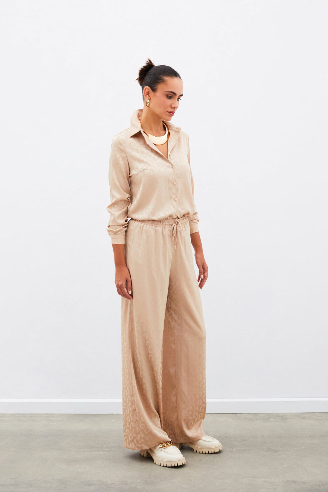 Sateen Pantalon à Motifs avec Taille Élastique - camel