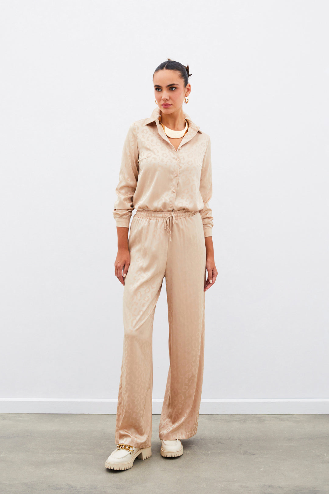 Sateen Pantalon à Motifs avec Taille Élastique - camel