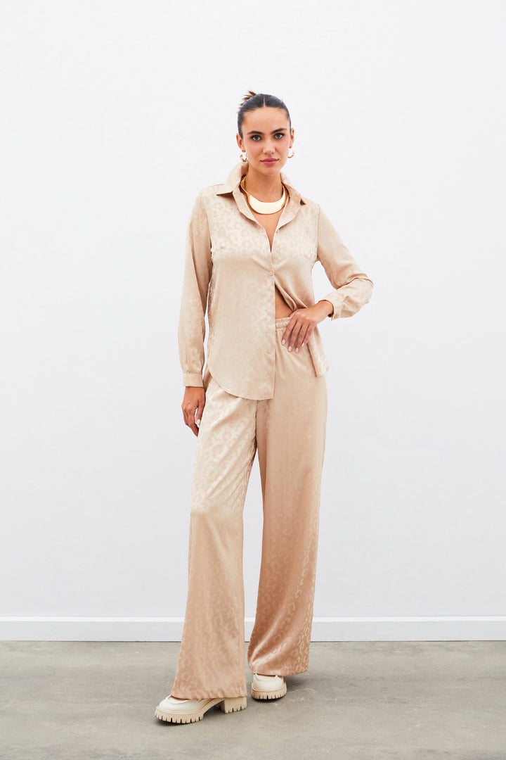 Sateen Pantalon à Motifs avec Taille Élastique - camel
