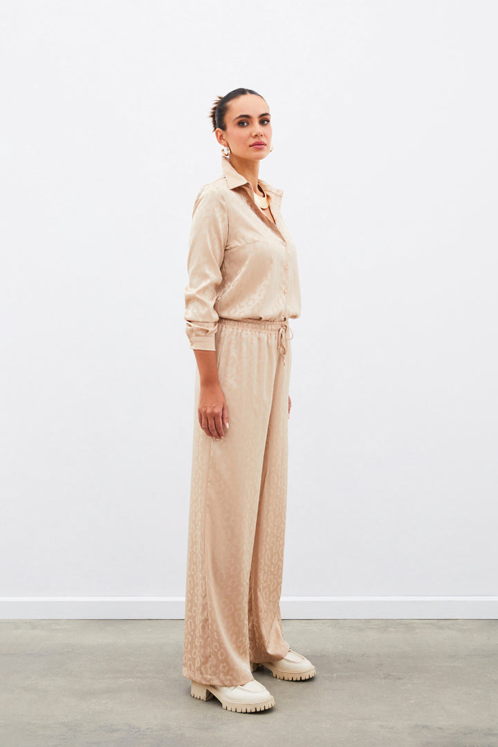 Sateen Pantalon à Motifs avec Taille Élastique - camel