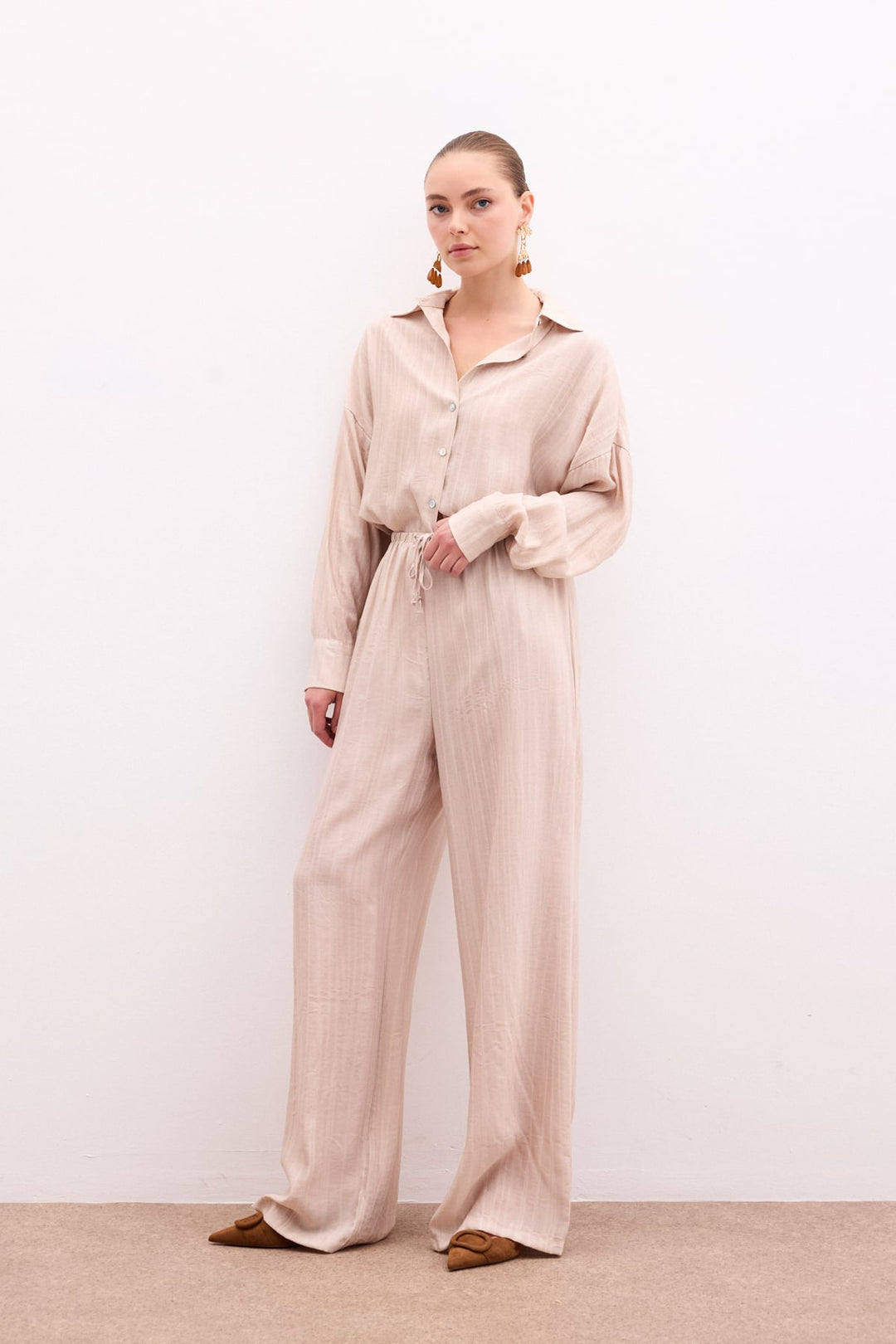 Sateen Pantalon à taille élastique - Beige