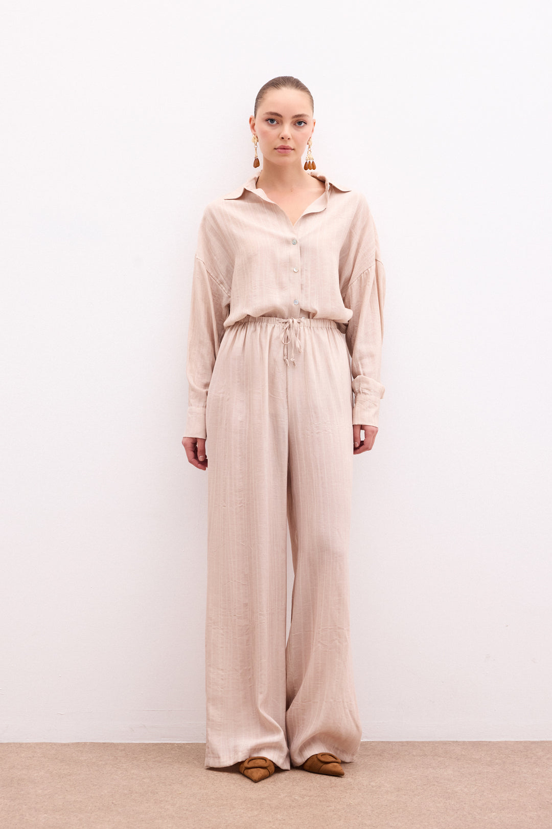 Sateen Pantalon à taille élastique - Beige