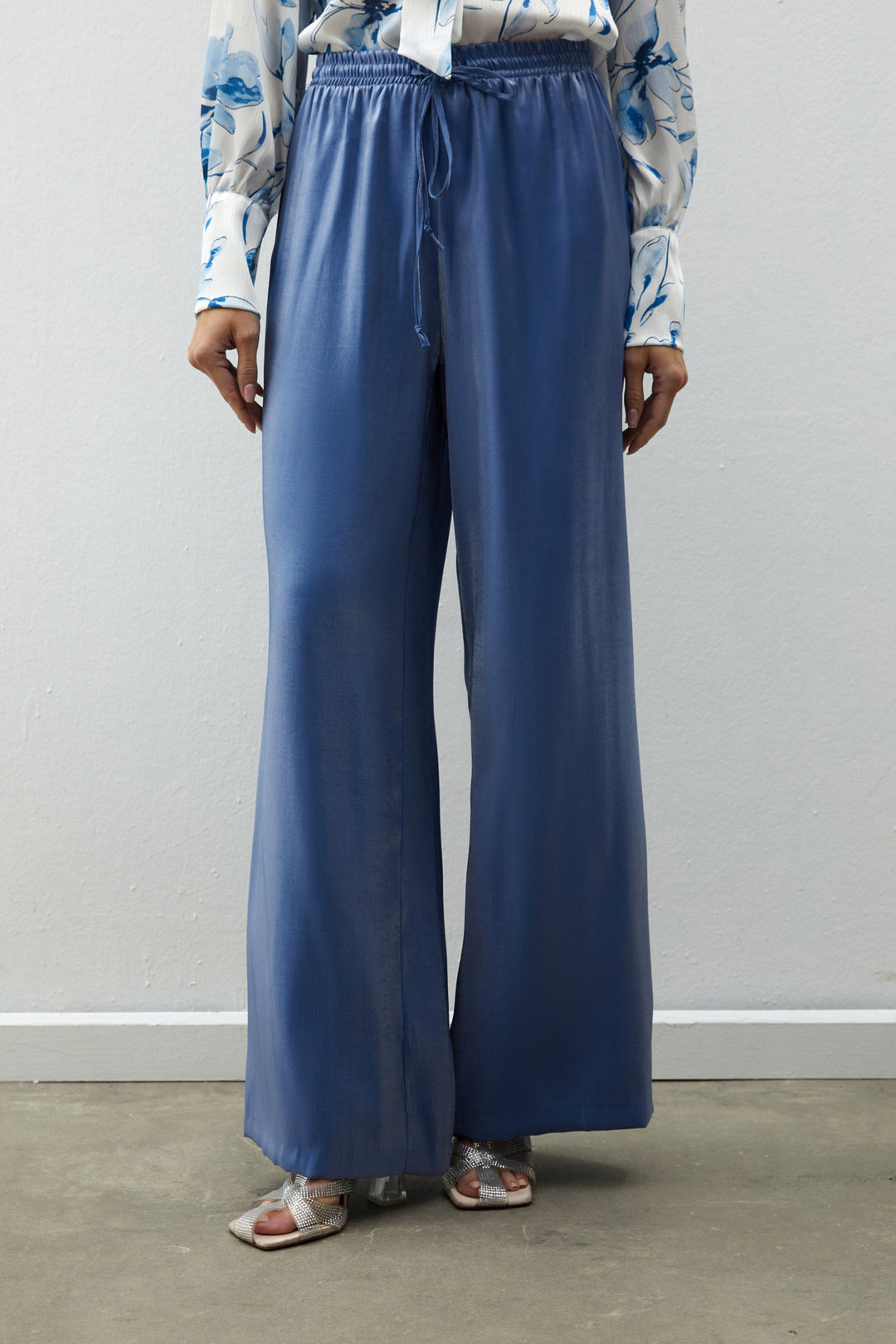 Sateen Pantalon brillant à taille élastique - Bleu