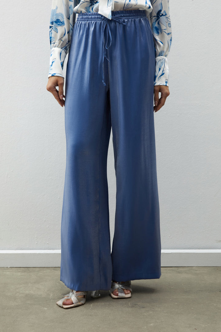 Sateen Pantalon brillant à taille élastique - Bleu