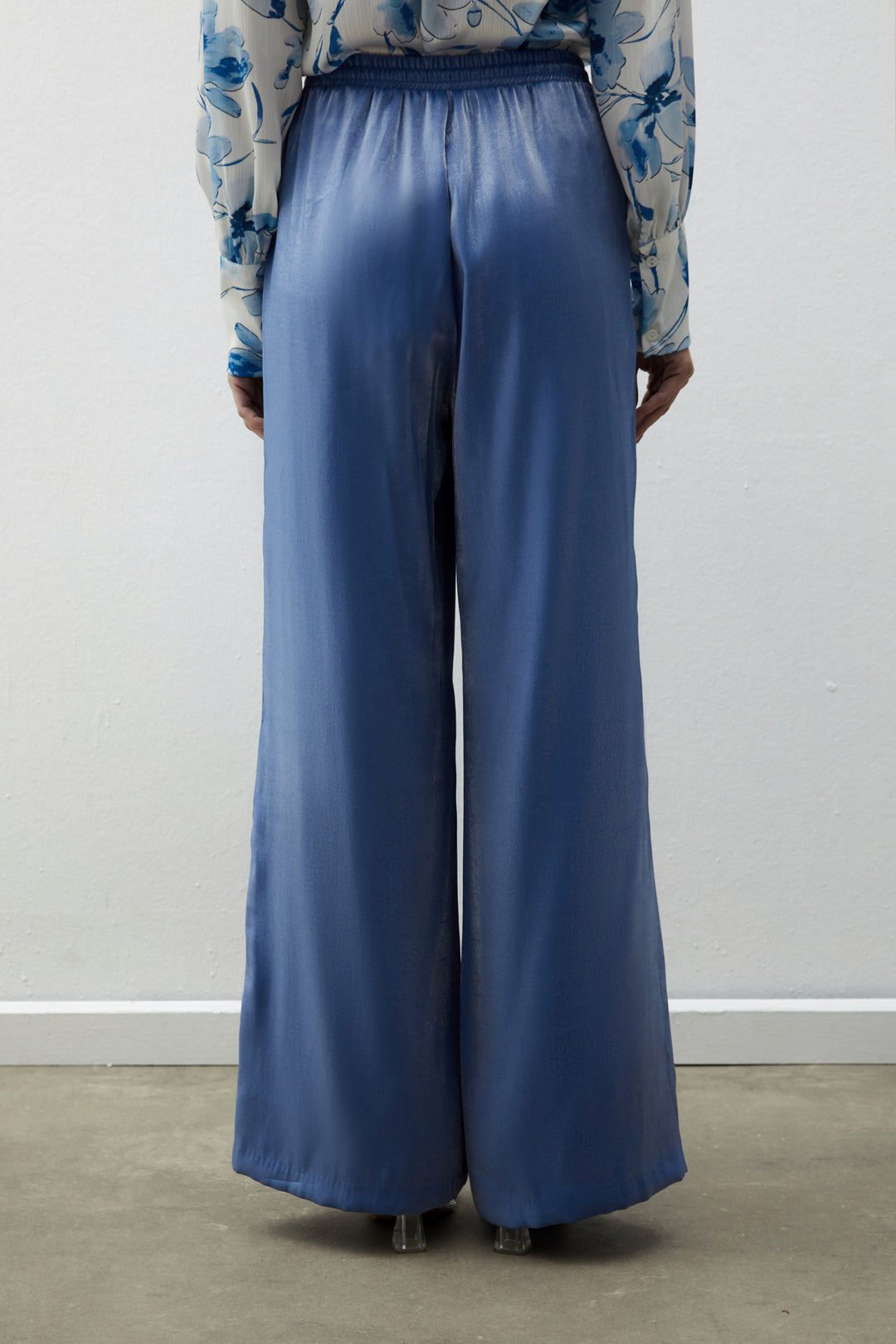 Sateen Pantalon brillant à taille élastique - Bleu