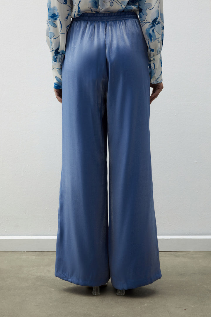 Sateen Pantalon brillant à taille élastique - Bleu
