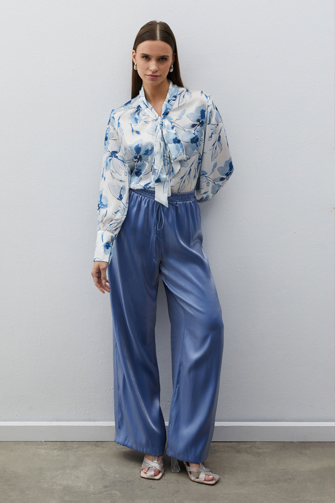 Sateen Pantalon brillant à taille élastique - Bleu