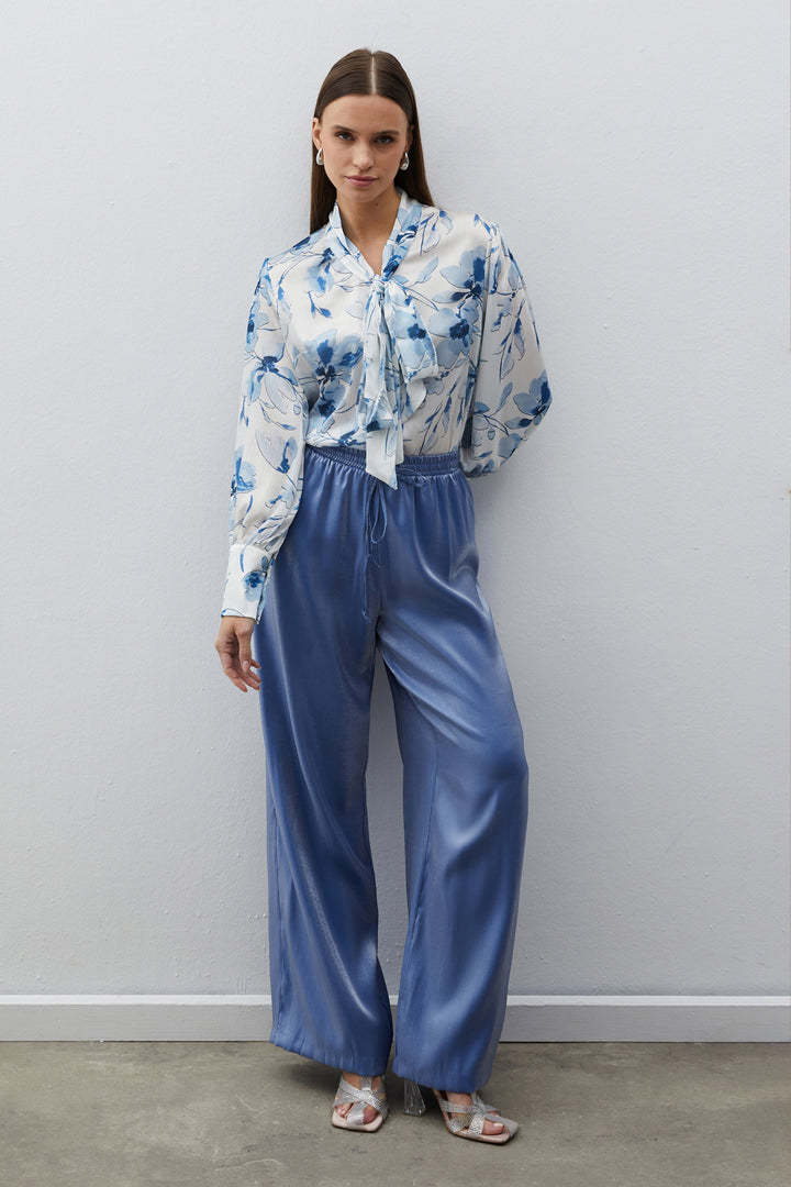 Sateen Pantalon brillant à taille élastique - Bleu