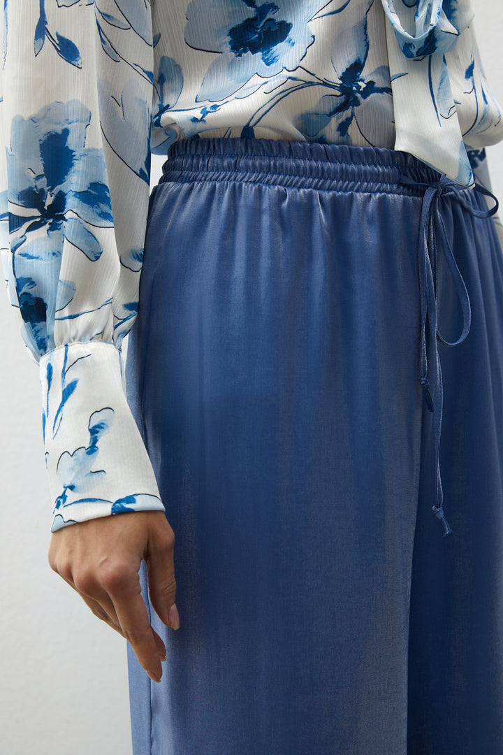 Sateen Pantalon brillant à taille élastique - Bleu