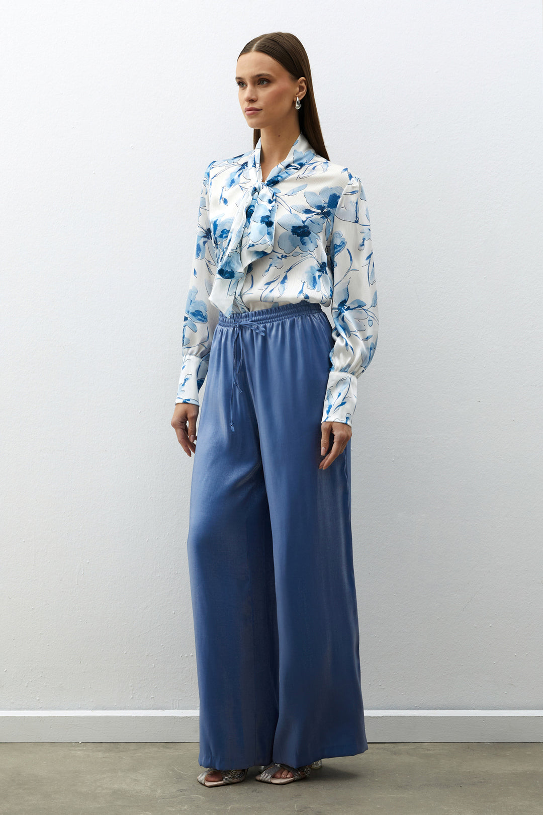 Sateen Pantalon brillant à taille élastique - Bleu