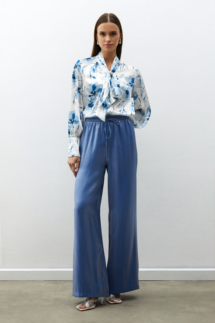 Sateen Pantalon brillant à taille élastique - Bleu