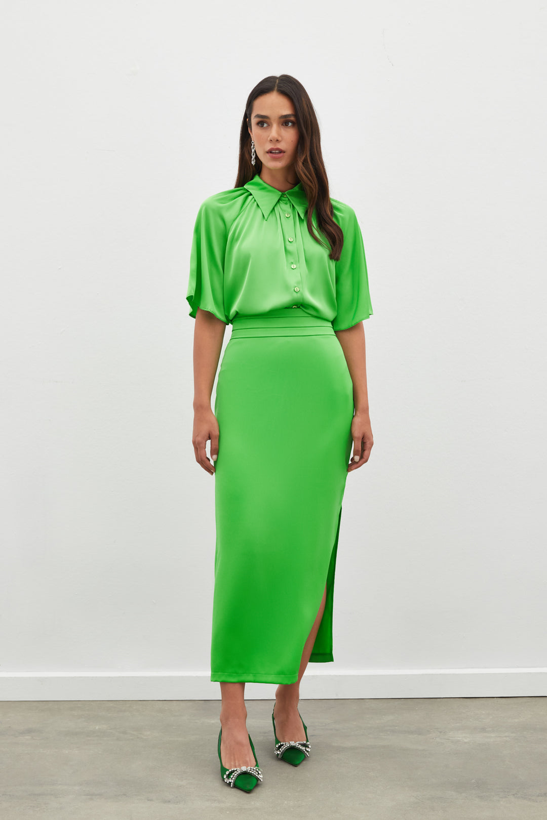Sateen Jupe en Satin avec Détails de Pli à la Taille - açik Vert