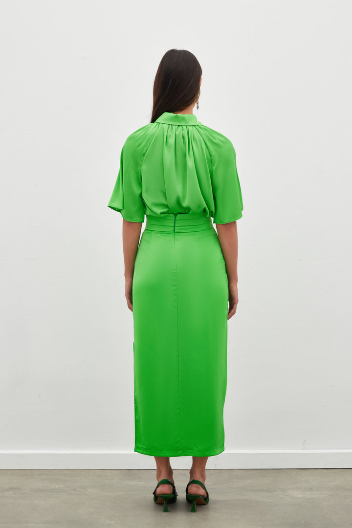 Sateen Jupe en Satin avec Détails de Pli à la Taille - açik Vert