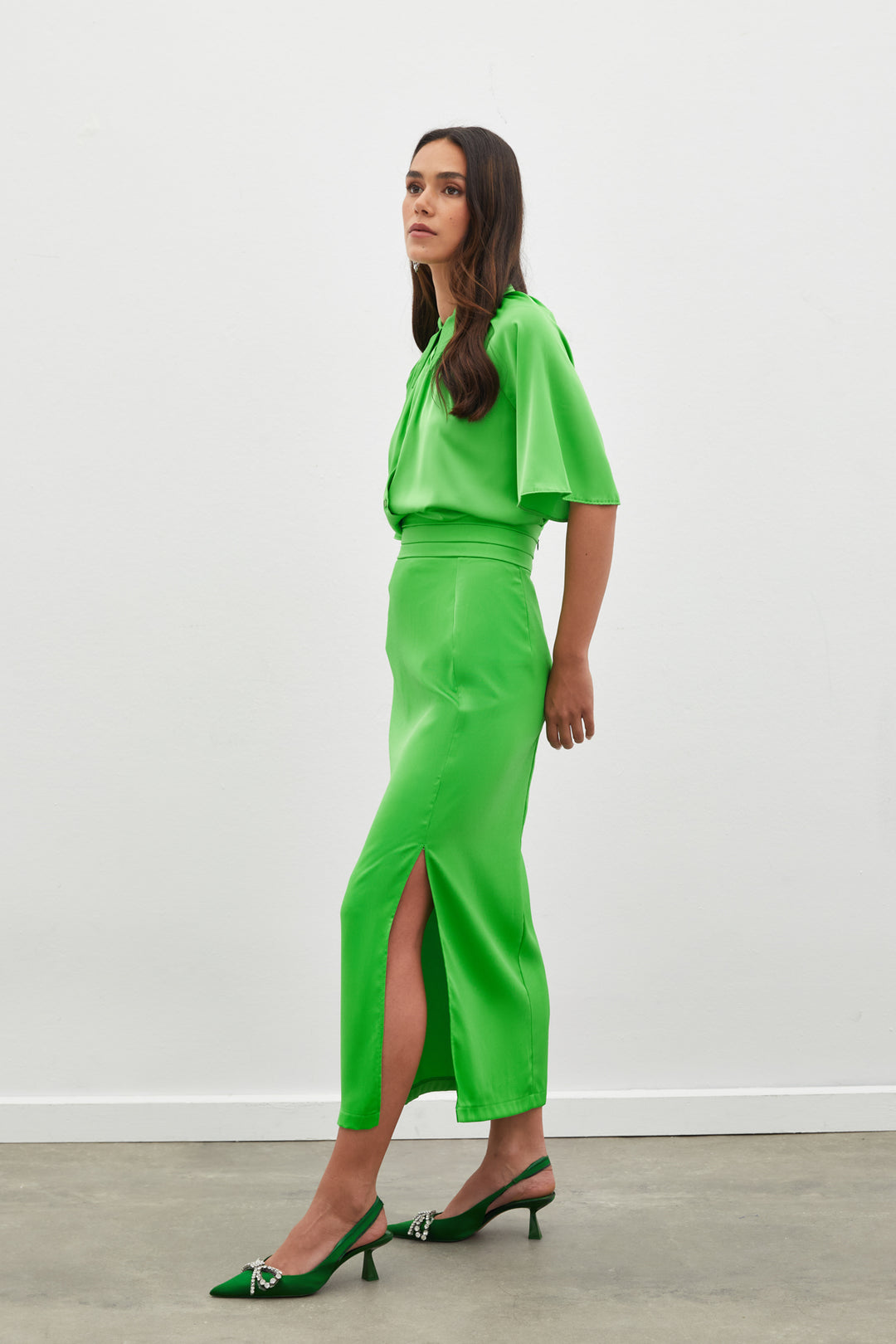 Sateen Jupe en Satin avec Détails de Pli à la Taille - açik Vert