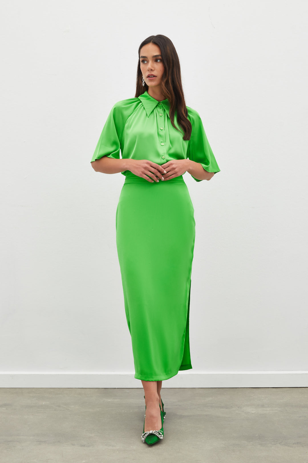 Sateen Jupe en Satin avec Détails de Pli à la Taille - açik Vert