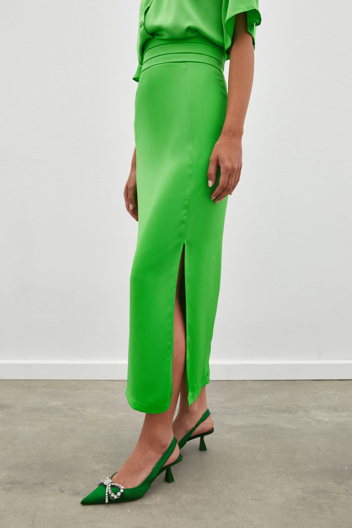 Sateen Jupe en Satin avec Détails de Pli à la Taille - açik Vert