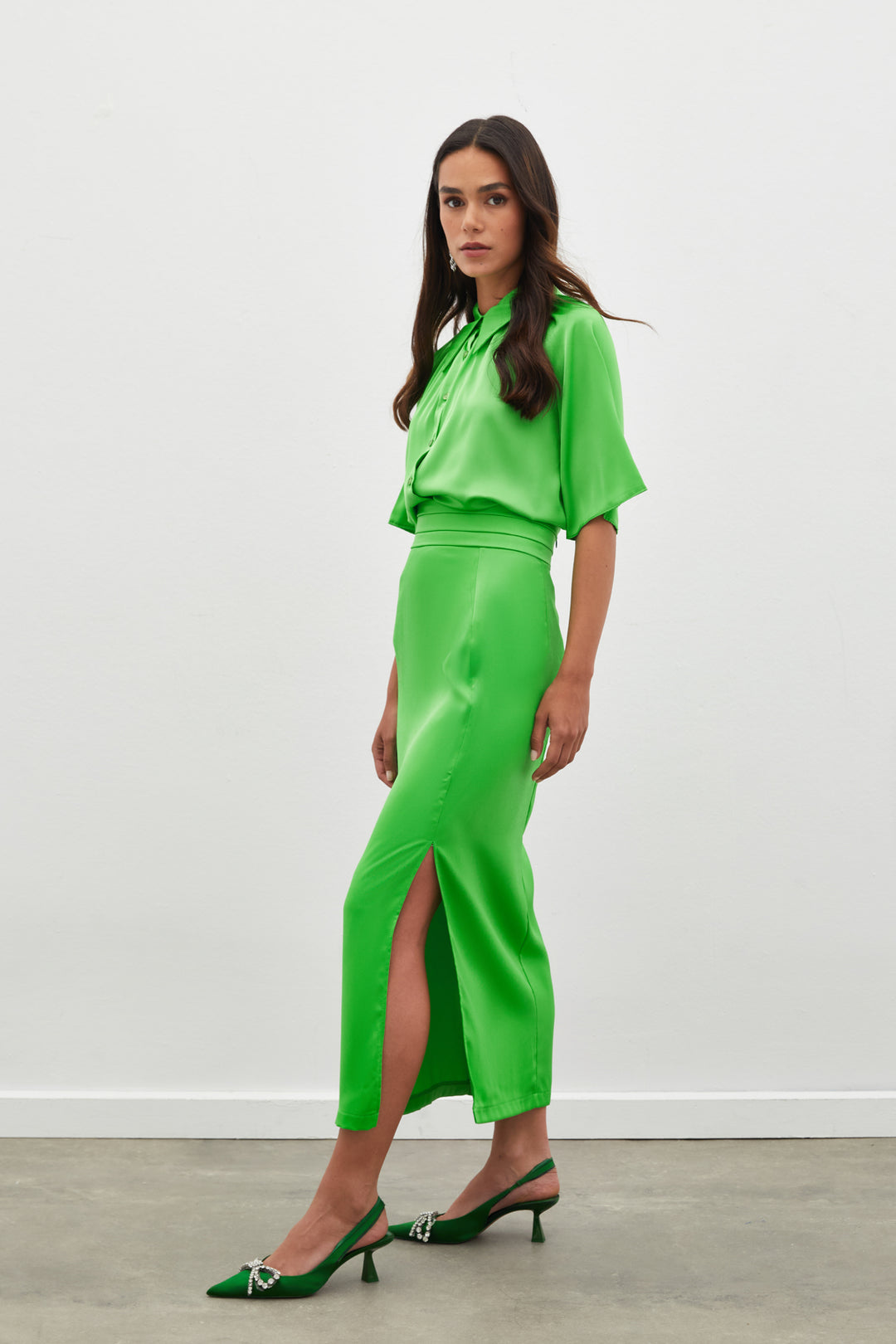 Sateen Jupe en Satin avec Détails de Pli à la Taille - açik Vert