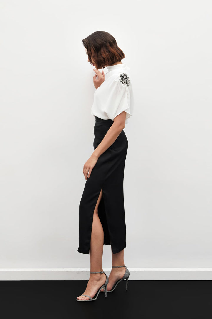 Sateen Jupe en Satin avec Détails de Pli à la Taille - Noir