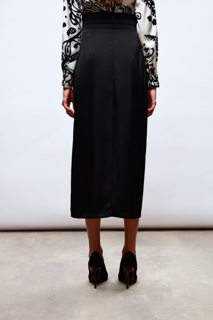 Sateen Jupe en Satin avec Détails de Pli à la Taille - Noir