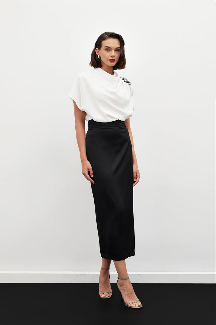 Sateen Jupe en Satin avec Détails de Pli à la Taille - Noir