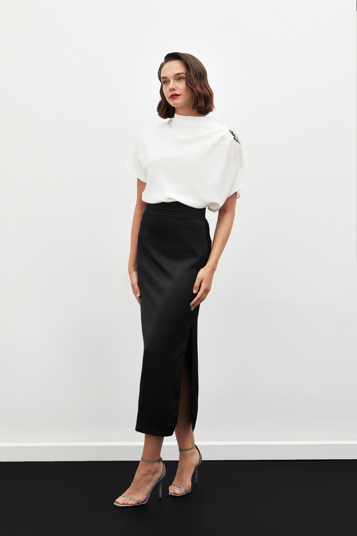 Sateen Jupe en Satin avec Détails de Pli à la Taille - Noir