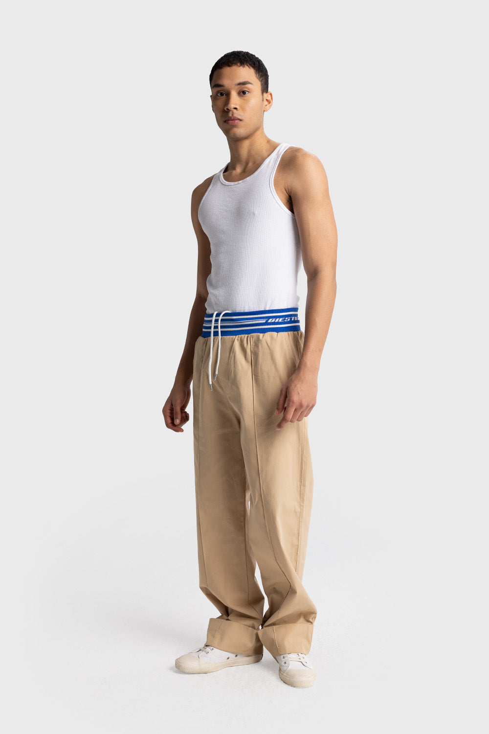 Giesto Pantalon en popeline avec détails en bord-côte à la taille - Tabac