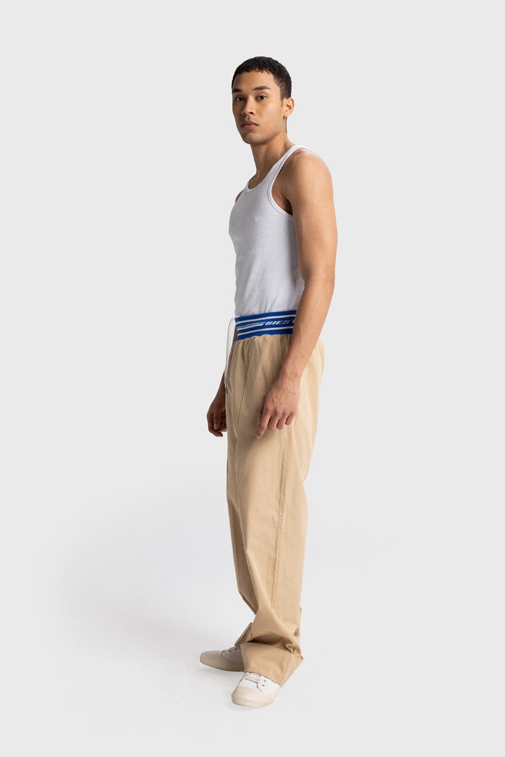 Giesto Pantalon en popeline avec détails en bord-côte à la taille - Tabac