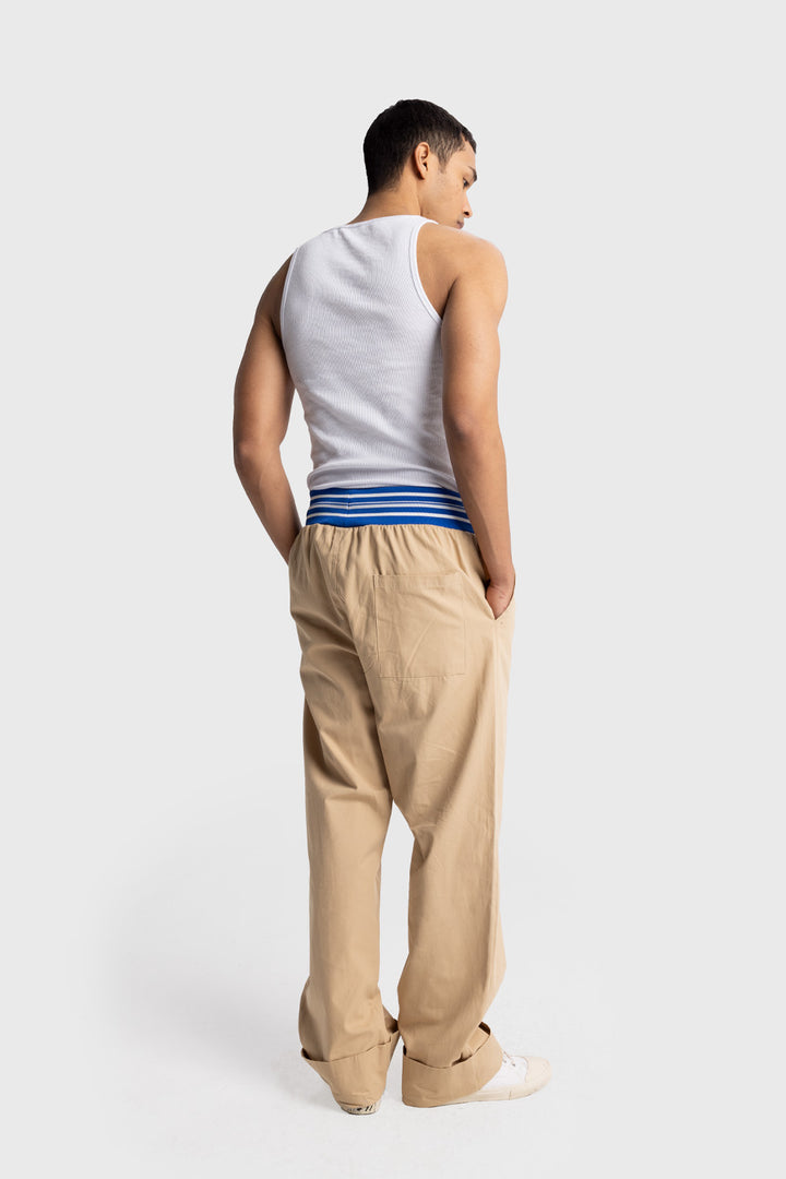 Giesto Pantalon en popeline avec détails en bord-côte à la taille - Tabac