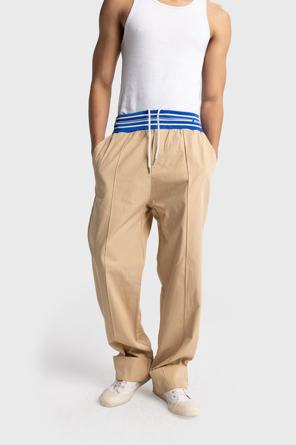 Giesto Pantalon en popeline avec détails en bord-côte à la taille - Tabac