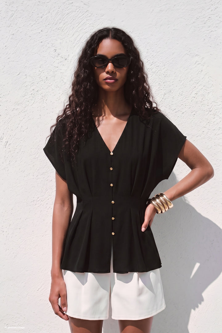 Sateen Blouse Courte Cintrée - Noir