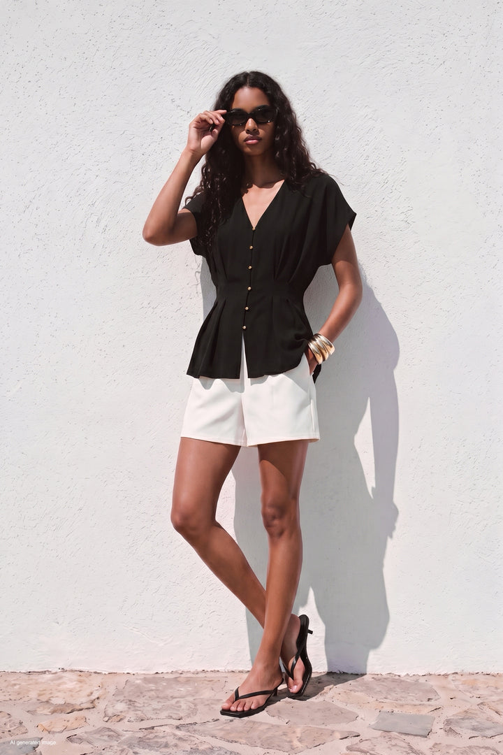 Sateen Blouse Courte Cintrée - Noir