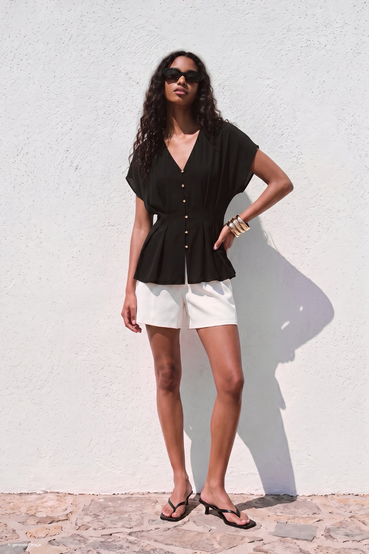 Sateen Blouse Courte Cintrée - Noir