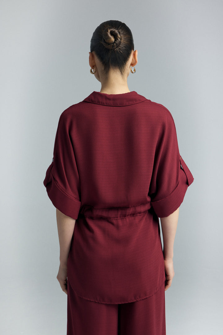 Sateen Chemisier Kimono à Ceinture - Bordeaux