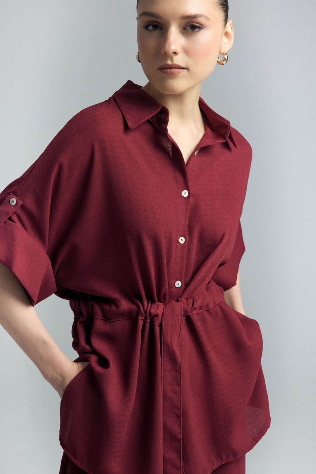 Sateen Chemisier Kimono à Ceinture - Bordeaux
