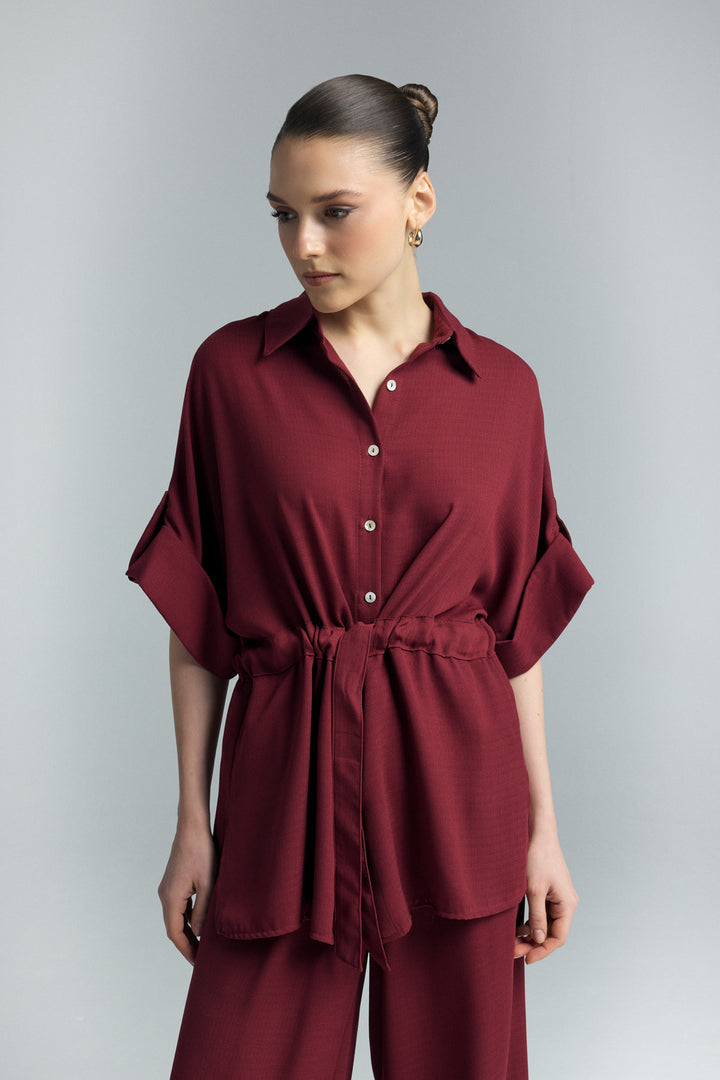 Sateen Chemisier Kimono à Ceinture - Bordeaux