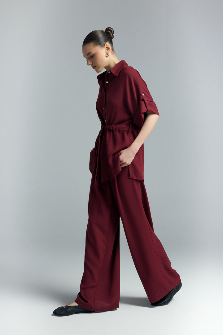 Sateen Chemisier Kimono à Ceinture - Bordeaux
