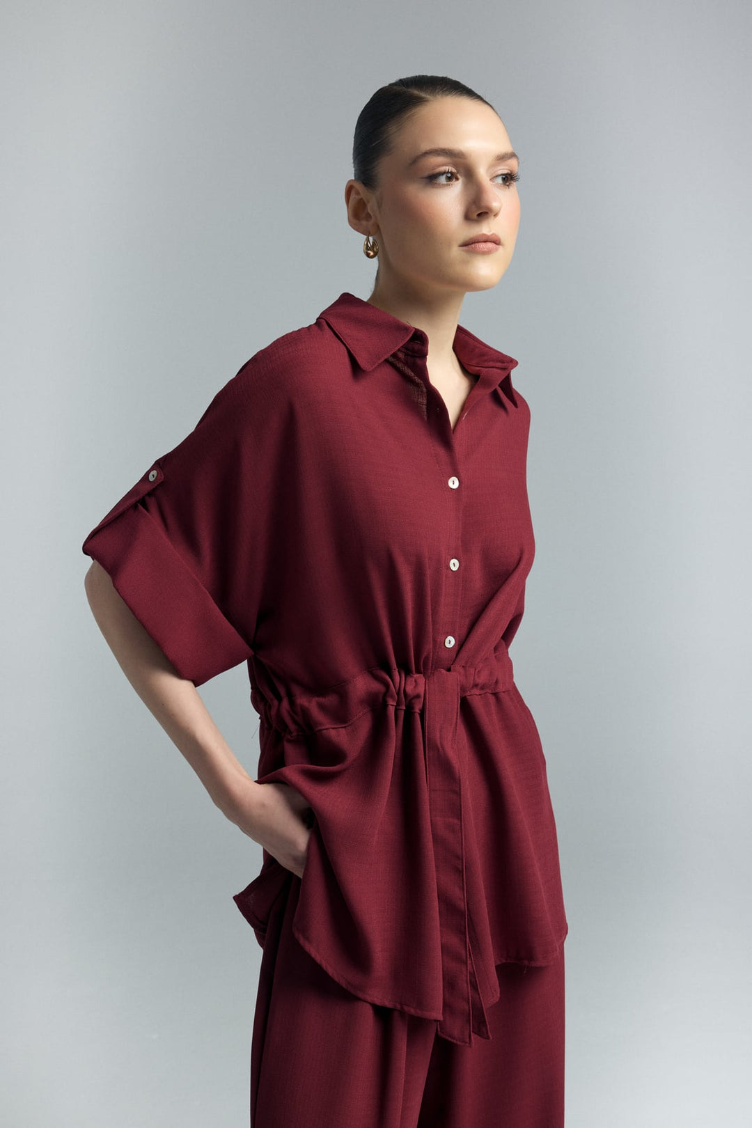 Sateen Chemisier Kimono à Ceinture - Bordeaux