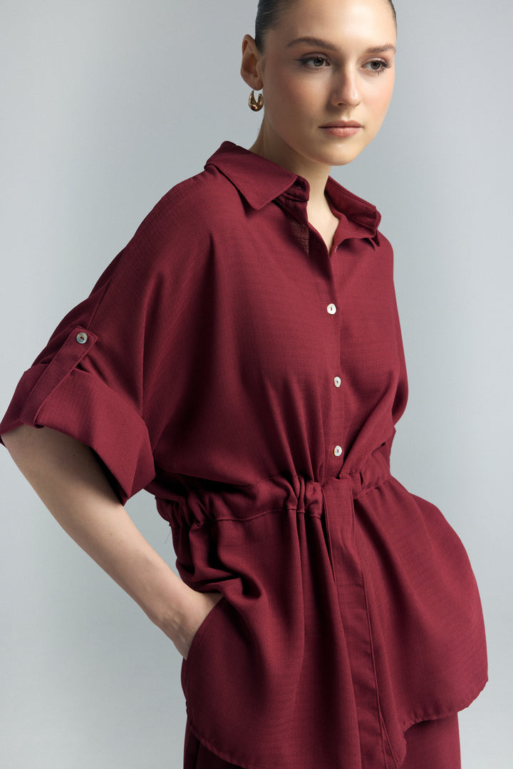 Sateen Chemisier Kimono à Ceinture - Bordeaux