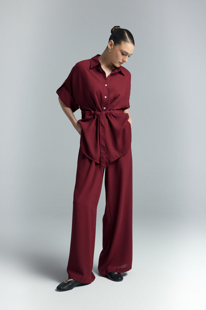 Sateen Chemisier Kimono à Ceinture - Bordeaux
