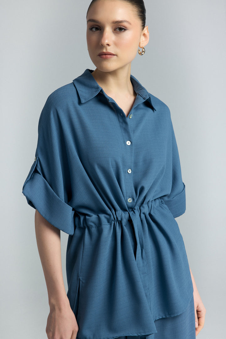 Sateen Chemisier Kimono à Ceinture - Indigo