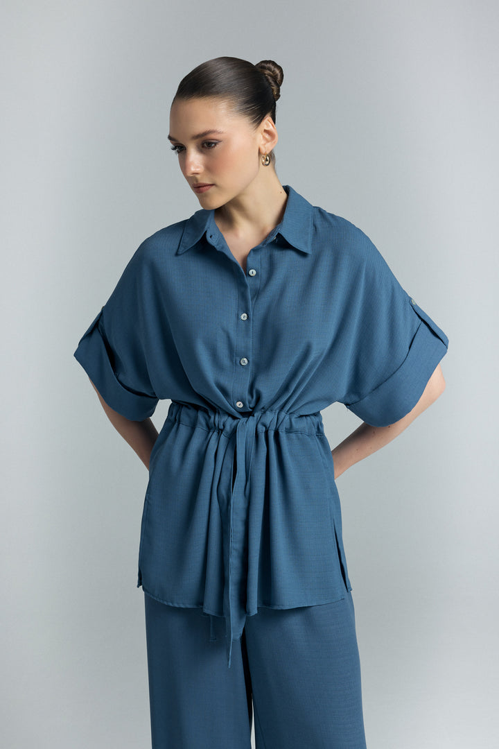 Sateen Chemisier Kimono à Ceinture - Indigo