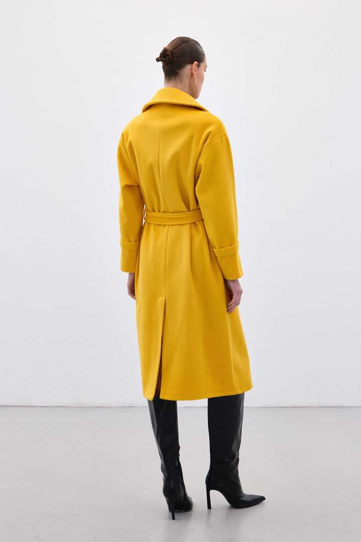 Sateen Manteau Long à Ceinture - Jaune
