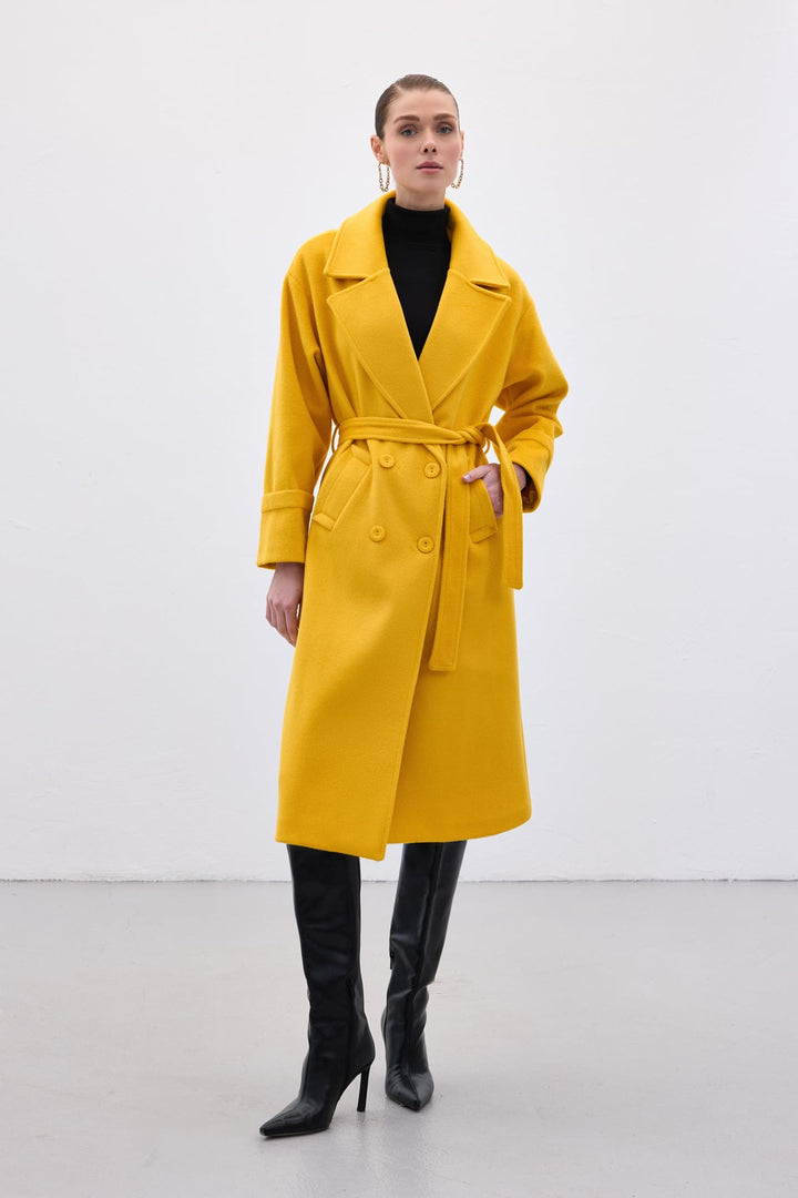 Sateen Manteau Long à Ceinture - Jaune