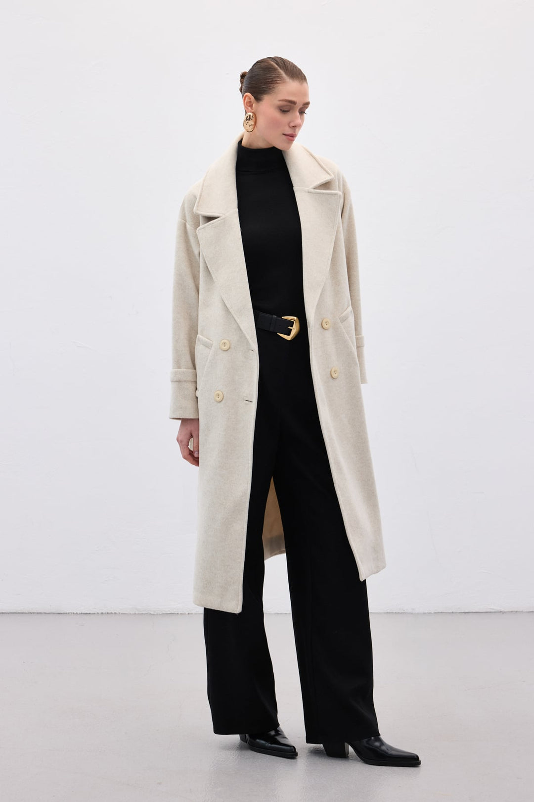 Sateen Manteau Long à Ceinture - Pierre