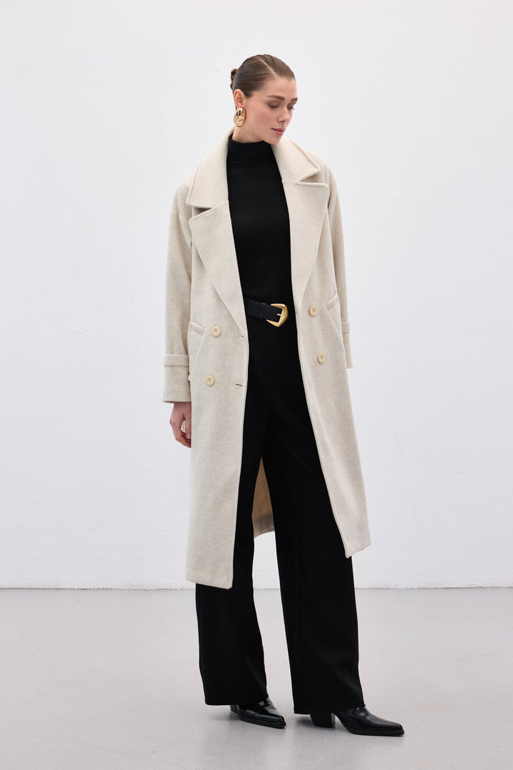 Sateen Manteau Long à Ceinture - Pierre