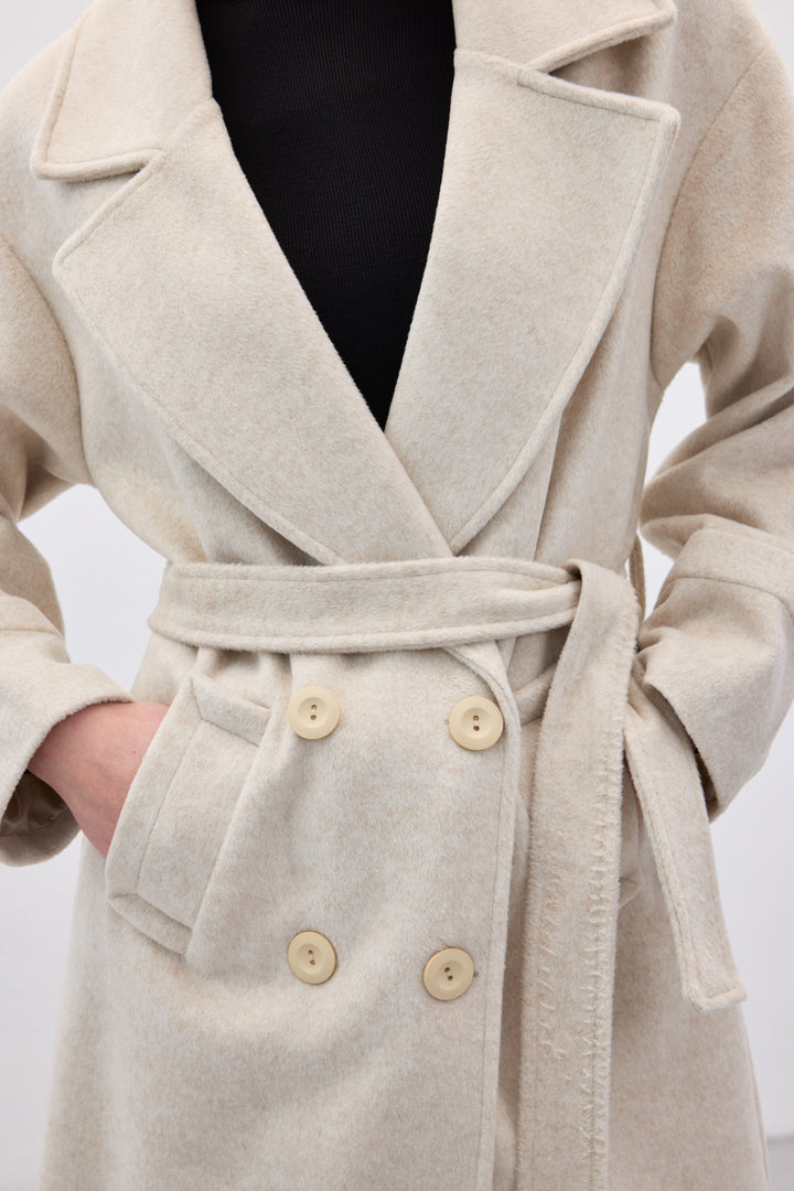 Sateen Manteau Long à Ceinture - Pierre