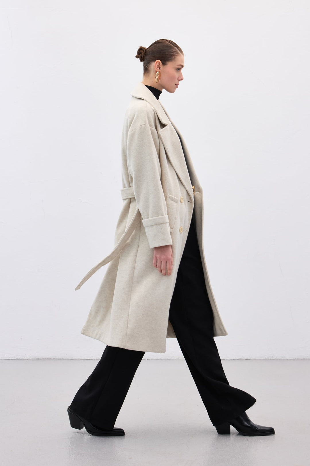 Sateen Manteau Long à Ceinture - Pierre