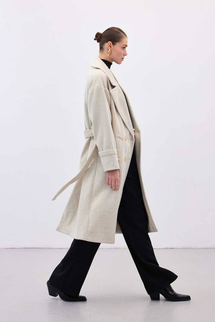 Sateen Manteau Long à Ceinture - Pierre