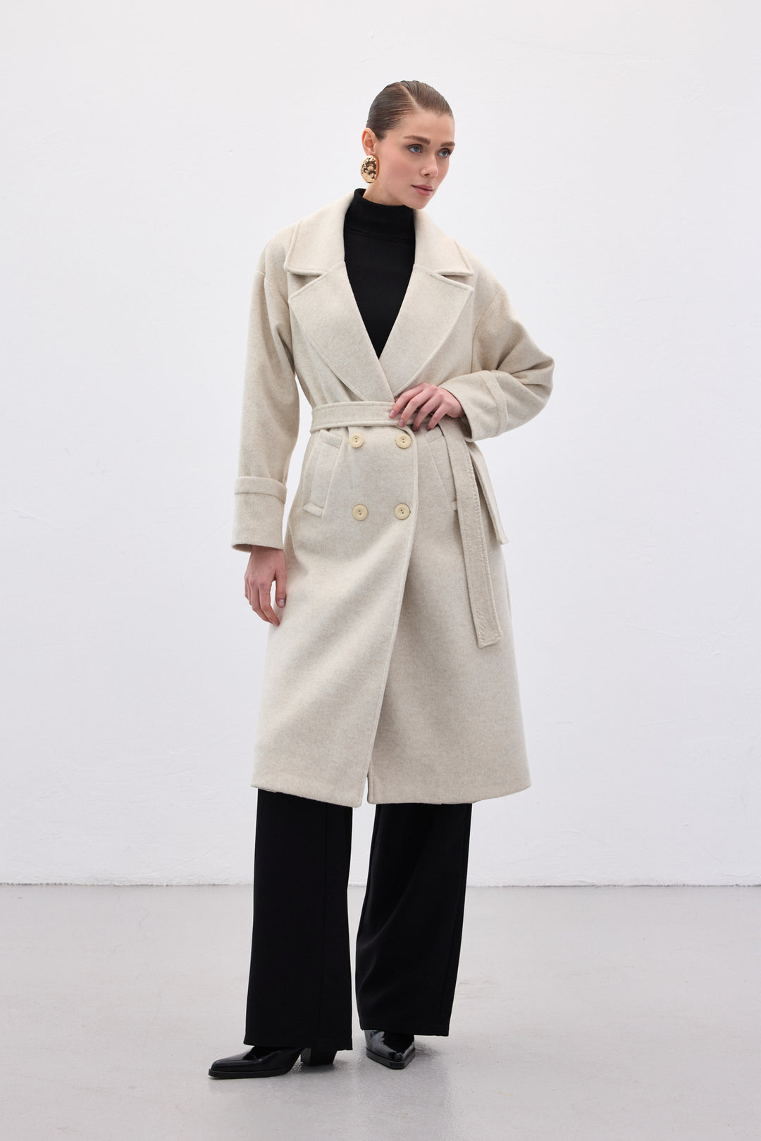 Sateen Manteau Long à Ceinture - Pierre